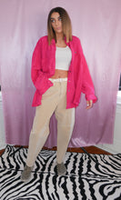 Load image into Gallery viewer, woman wearing a vintage hot pink 100% silk top and vintage corduroy pants women&#39;s clothing
