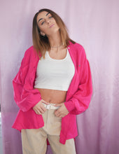 Load image into Gallery viewer, woman wearing a vintage hot pink 100% silk top and vintage corduroy pants women&#39;s clothing
