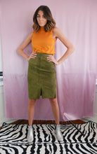 Load image into Gallery viewer, woman wearing vintage 1980&#39;s green suede pencil skirt and vintage orange turtleneck women&#39;s clothing
