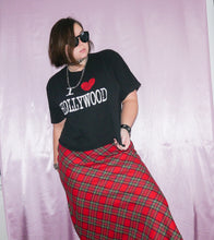 Load image into Gallery viewer, vintage ralph lauren red plaid maxi skirt black tshirt silver jewelry 
