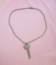 Load image into Gallery viewer, vintage silver key charm on a silver stainless steel ball chain necklace 
