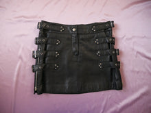 Load image into Gallery viewer, vintage black leather silver buckles mini skirt women&#39;s clothing

